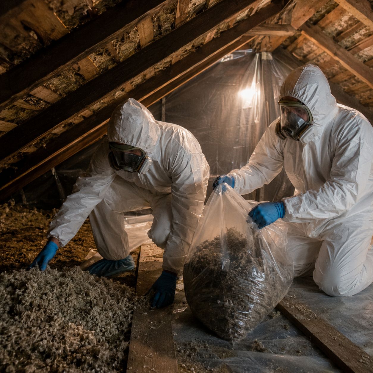 Certified asbestos abatement team removing asbestos roof tiles from residential home