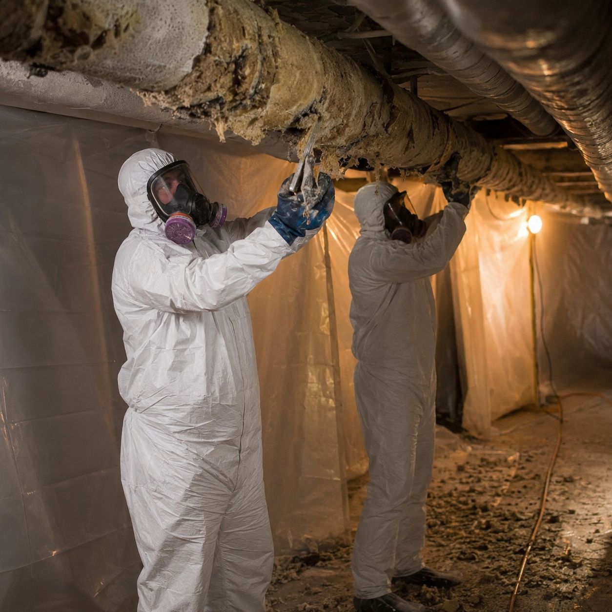 Licensed technicians removing asbestos insulation from crawlspace