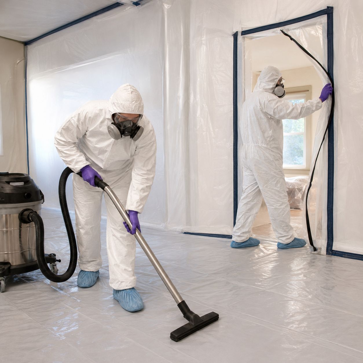 EPA certified specialists removing asbestos ceiling and wall materials in kitchen